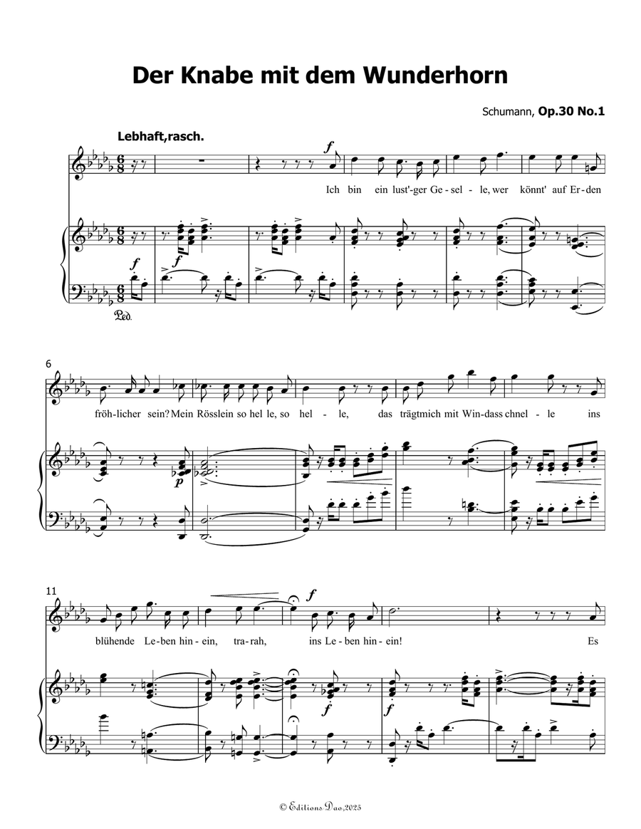 Der Knabe mit dem Wunderhorn, by Schumann, Op.30 No.1, in D flat Major Piano, Vocal scores gallery preview page 3