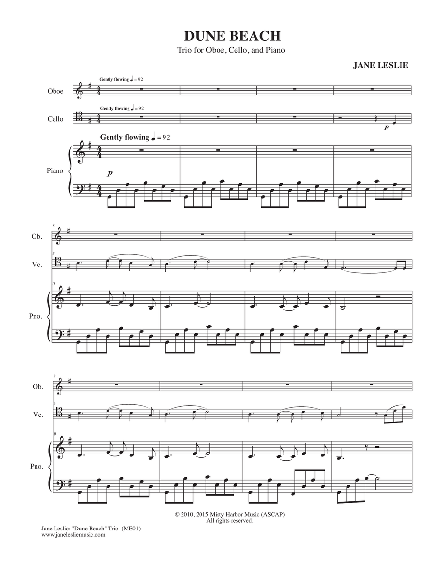 DUNE BEACH - Trio for Oboe, Cello, Piano - by Jane Leslie Small Ensemble scores gallery preview page 1
