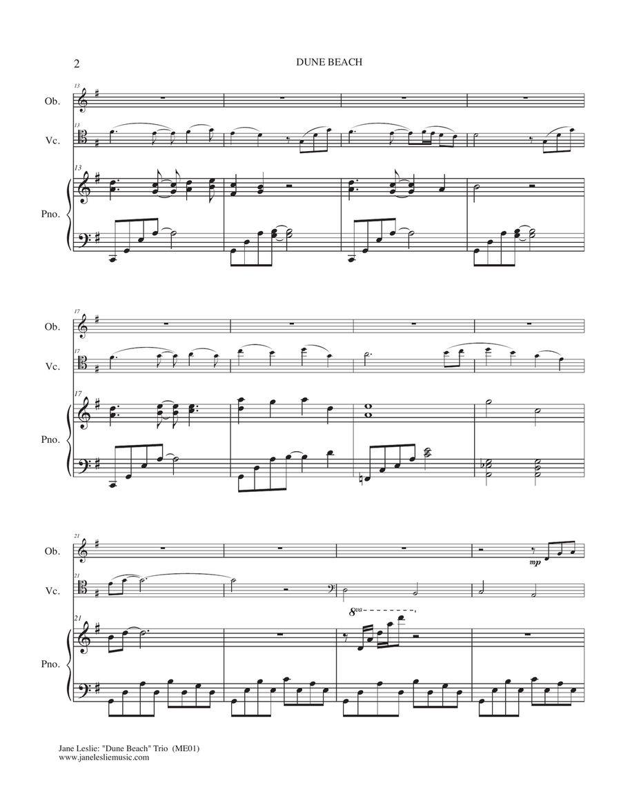 DUNE BEACH - Trio for Oboe, Cello, Piano - by Jane Leslie Small Ensemble scores gallery preview page 2