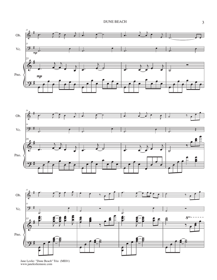 DUNE BEACH - Trio for Oboe, Cello, Piano - by Jane Leslie Small Ensemble scores gallery preview page 3