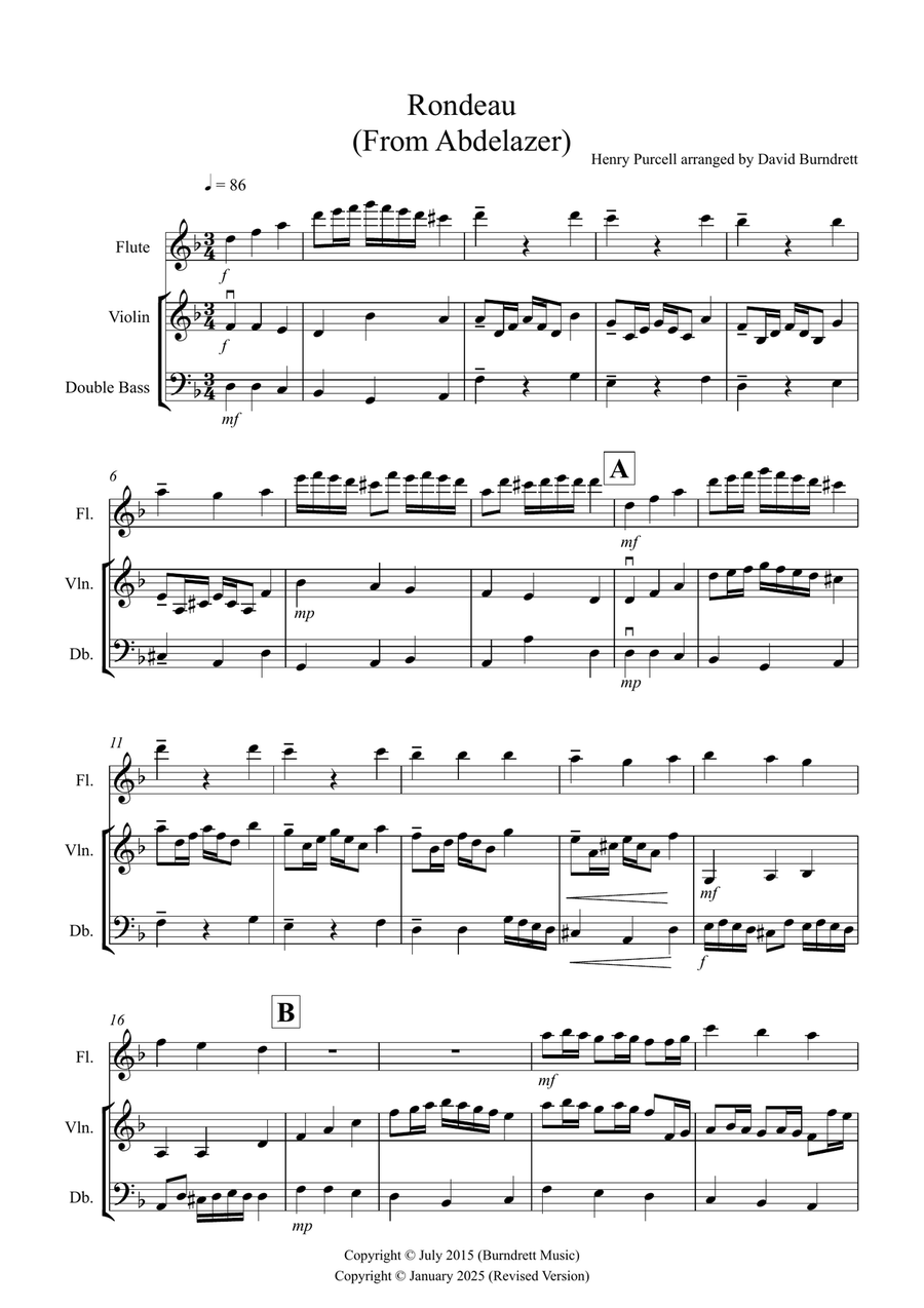 Rondeau (from Abdelazer) for Flute, Violin and Double Bass Trio Small Ensemble scores gallery preview page 1