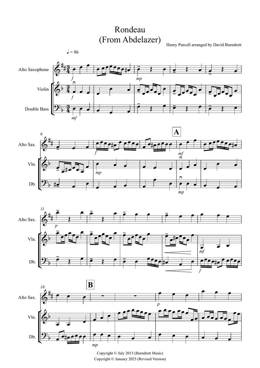 Rondeau (from Abdelazer) for Alto Saxophone, Violin and Double Bass Trio Small Ensemble scores gallery preview page 1