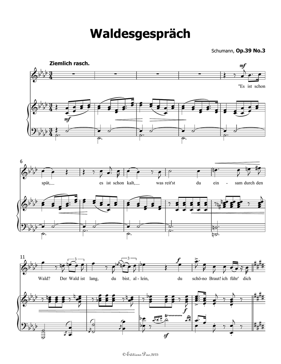 Waldcsgespräch, by Schumann, Op.39 No.3, in A flat Major Piano, Vocal scores gallery preview page 3