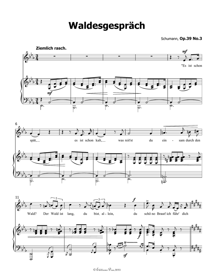 Waldcsgespräch, by Schumann, Op.39 No.3, in E flat Major Piano, Vocal scores gallery preview page 3