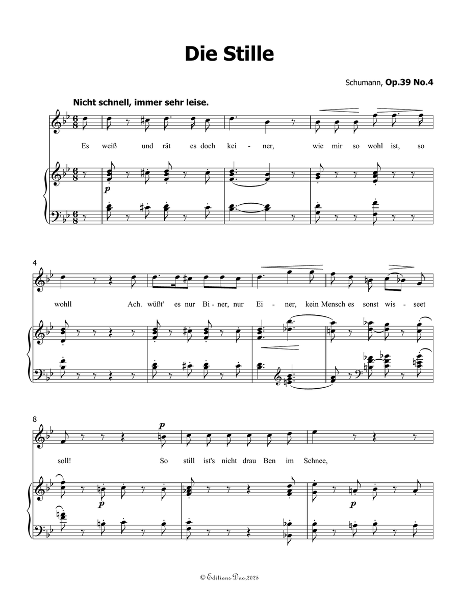Die Stille, by Schumann, Op.39 No.4, in B flat Major Piano, Vocal scores gallery preview page 3