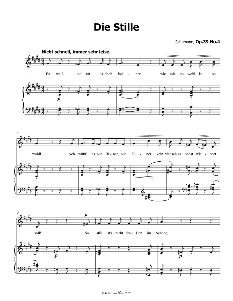 Die Stille, by Schumann, Op.39 No.4, in E Major Piano, Vocal scores gallery preview page 3