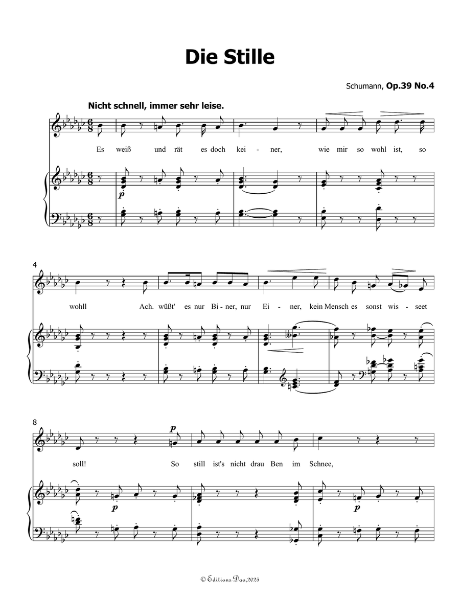 Die Stille, by Schumann, Op.39 No.4, in G flat Major Piano, Vocal scores gallery preview page 3
