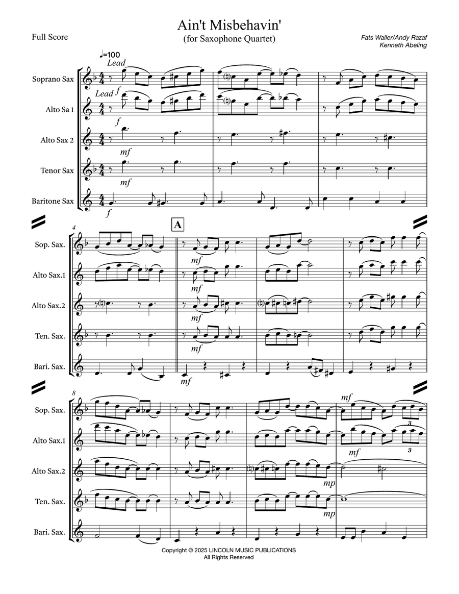 Ain’t Misbehavin (for Saxophone Quartet SATB or AATB) Saxophone Quartet scores gallery preview page 2