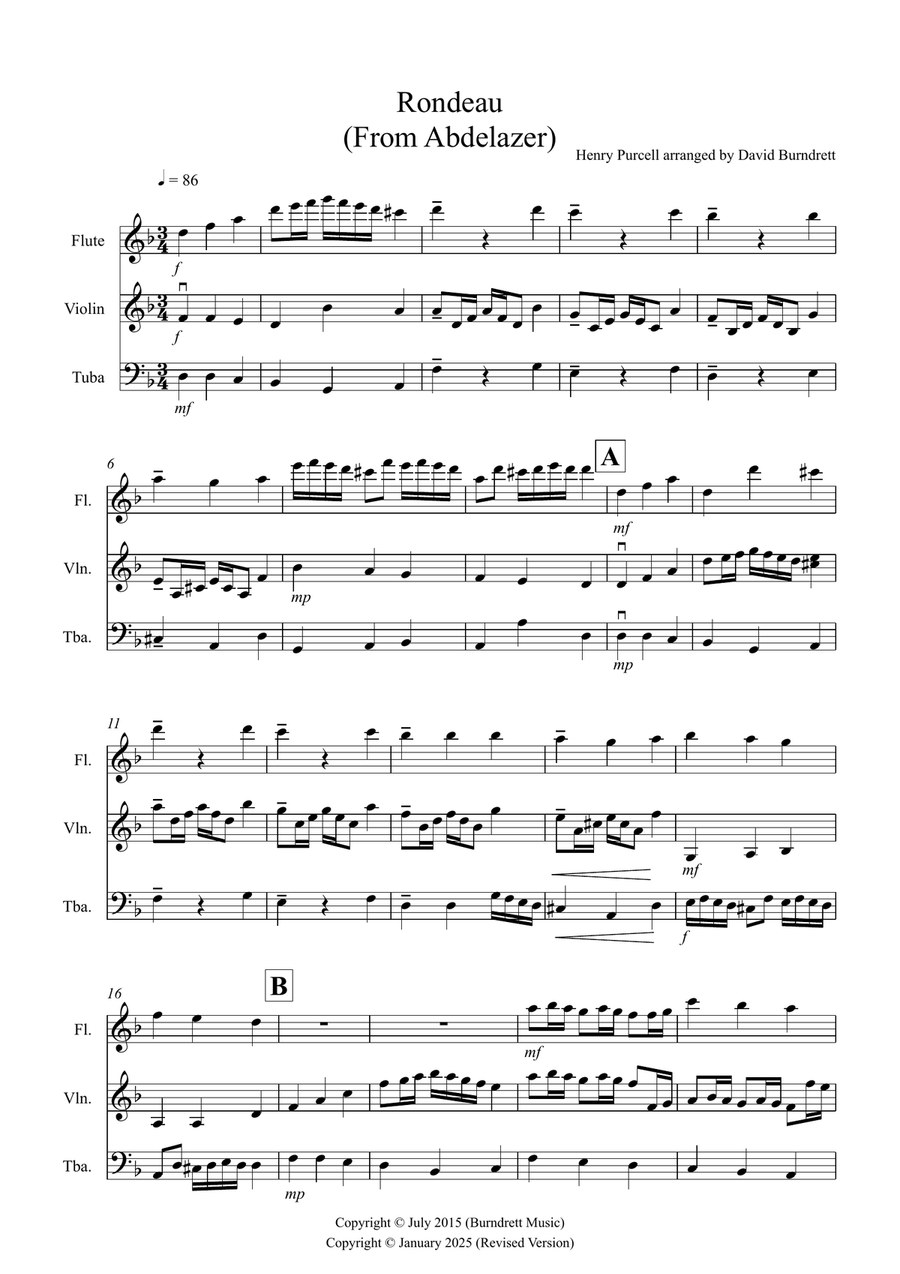 Rondeau (from Abdelazer) for Flute, Violin and Tuba Trio Small Ensemble scores gallery preview page 1