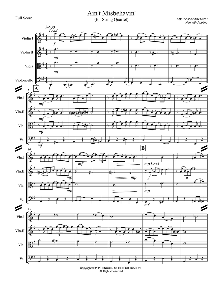 Ain’t Misbehavin (for String Quartet) String Quartet scores gallery preview page 2