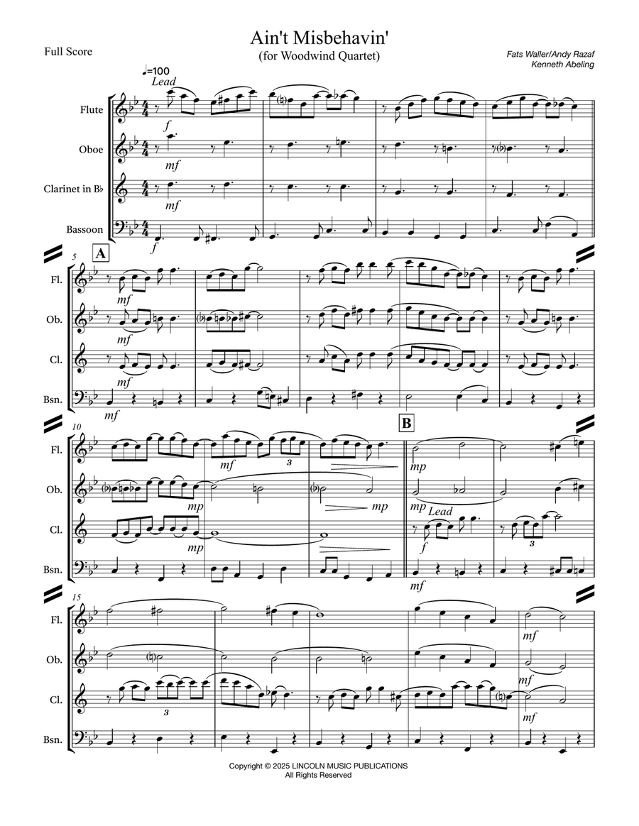 Ain’t Misbehavin (for Woodwind Quartet) Woodwind Quartet scores gallery preview page 2