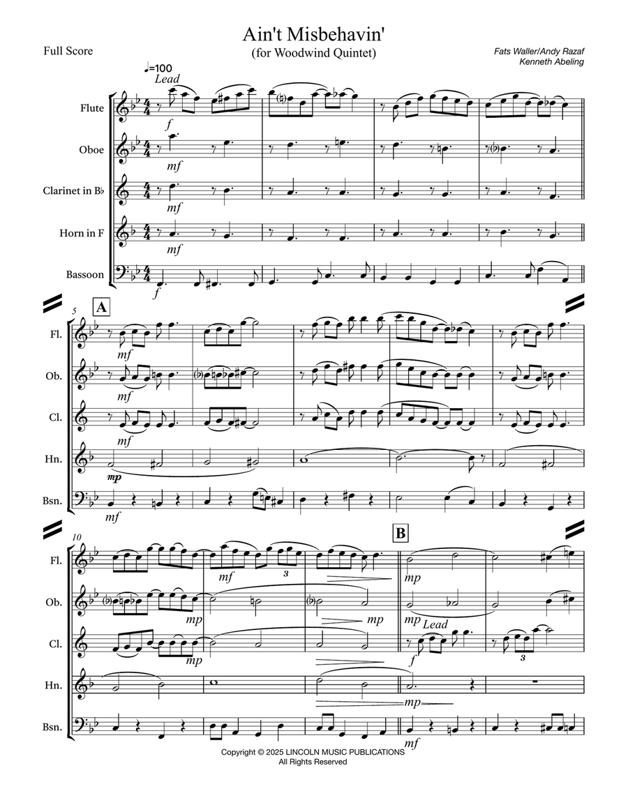 Ain’t Misbehavin (for Woodwind Quintet) Woodwind Quintet scores gallery preview page 2