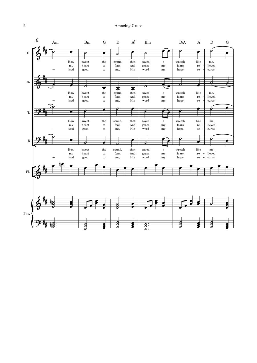 Amazing Grace SATB flute and piano 4-Part scores gallery preview page 2