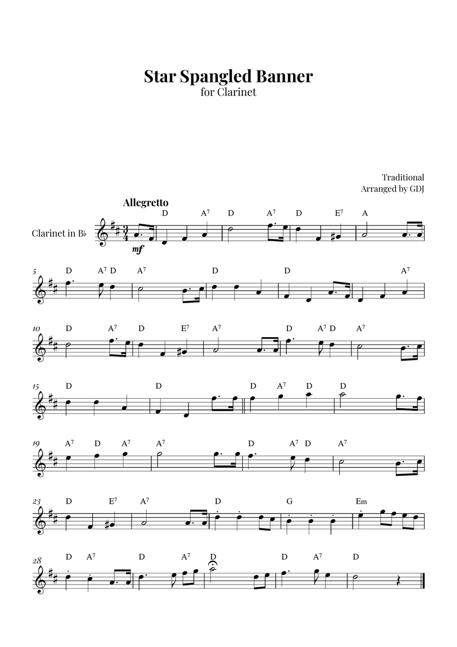 Star Spangled Banner B-Flat Clarinet scores gallery preview page 1