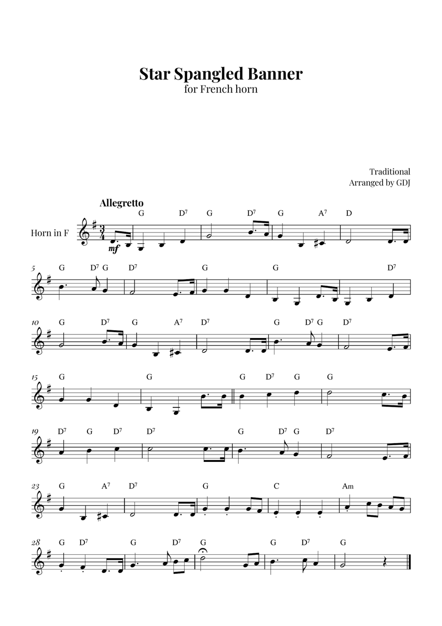 Star Spangled Banner Horn Solo scores gallery preview page 1