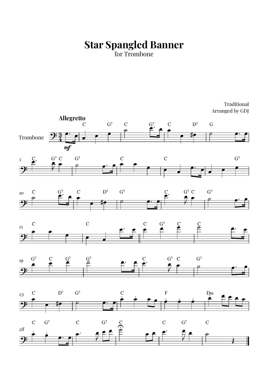 Star Spangled Banner Trombone Solo scores gallery preview page 1