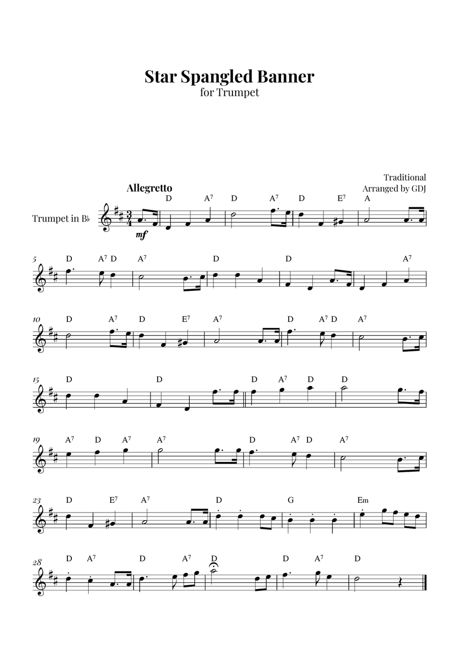 Star Spangled Banner B-Flat Trumpet scores gallery preview page 1