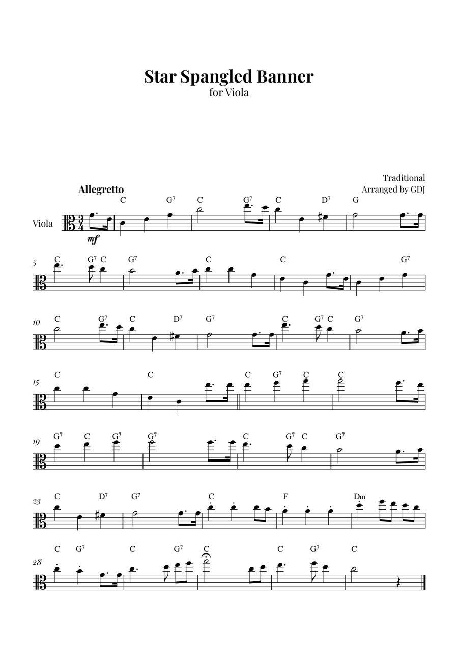 Star Spangled Banner Viola Solo scores gallery preview page 1