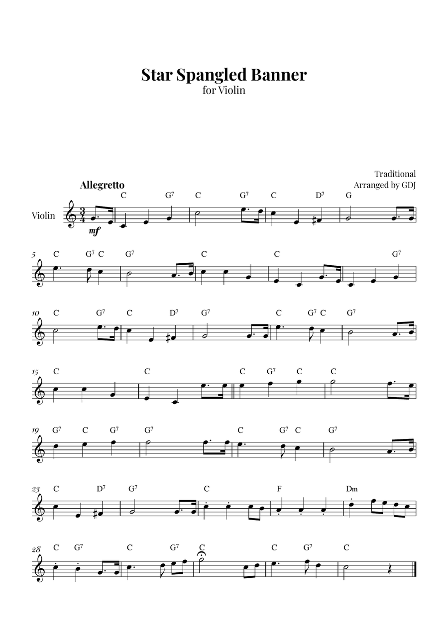 Star Spangled Banner Violin Solo scores gallery preview page 1