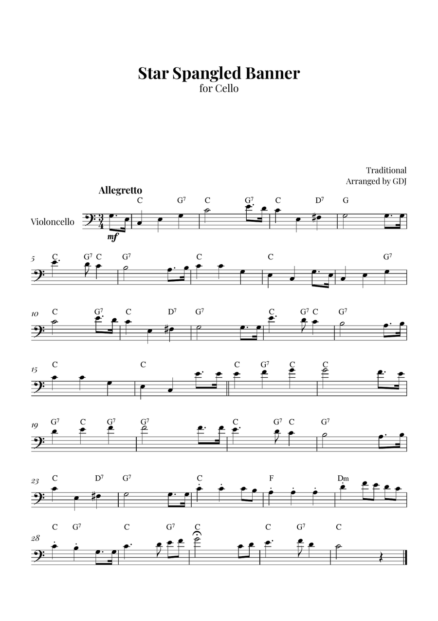 Star Spangled Banner Cello Solo scores gallery preview page 1