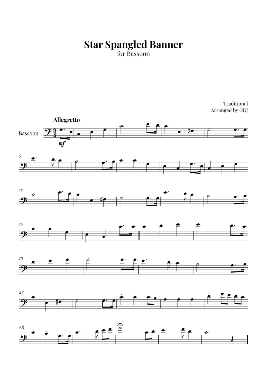 Star Spangled Banner Bassoon Solo scores gallery preview page 1