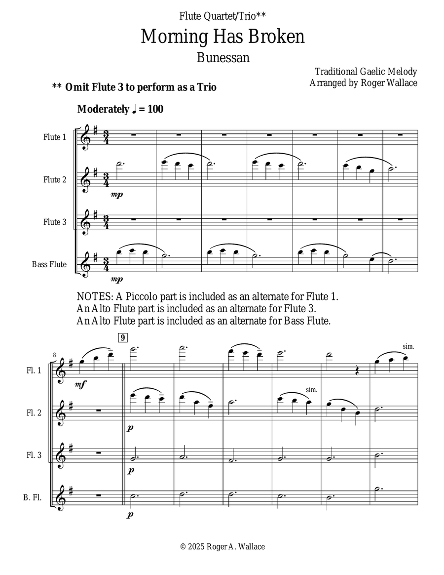 Morning Has Broken (Flute Quartet - High) Flute Quartet scores gallery preview page 1