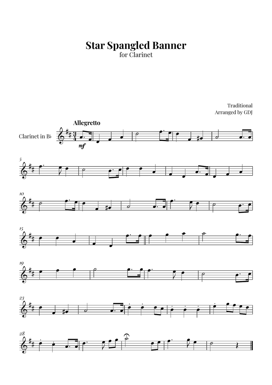 Star Spangled Banner B-Flat Clarinet scores gallery preview page 1