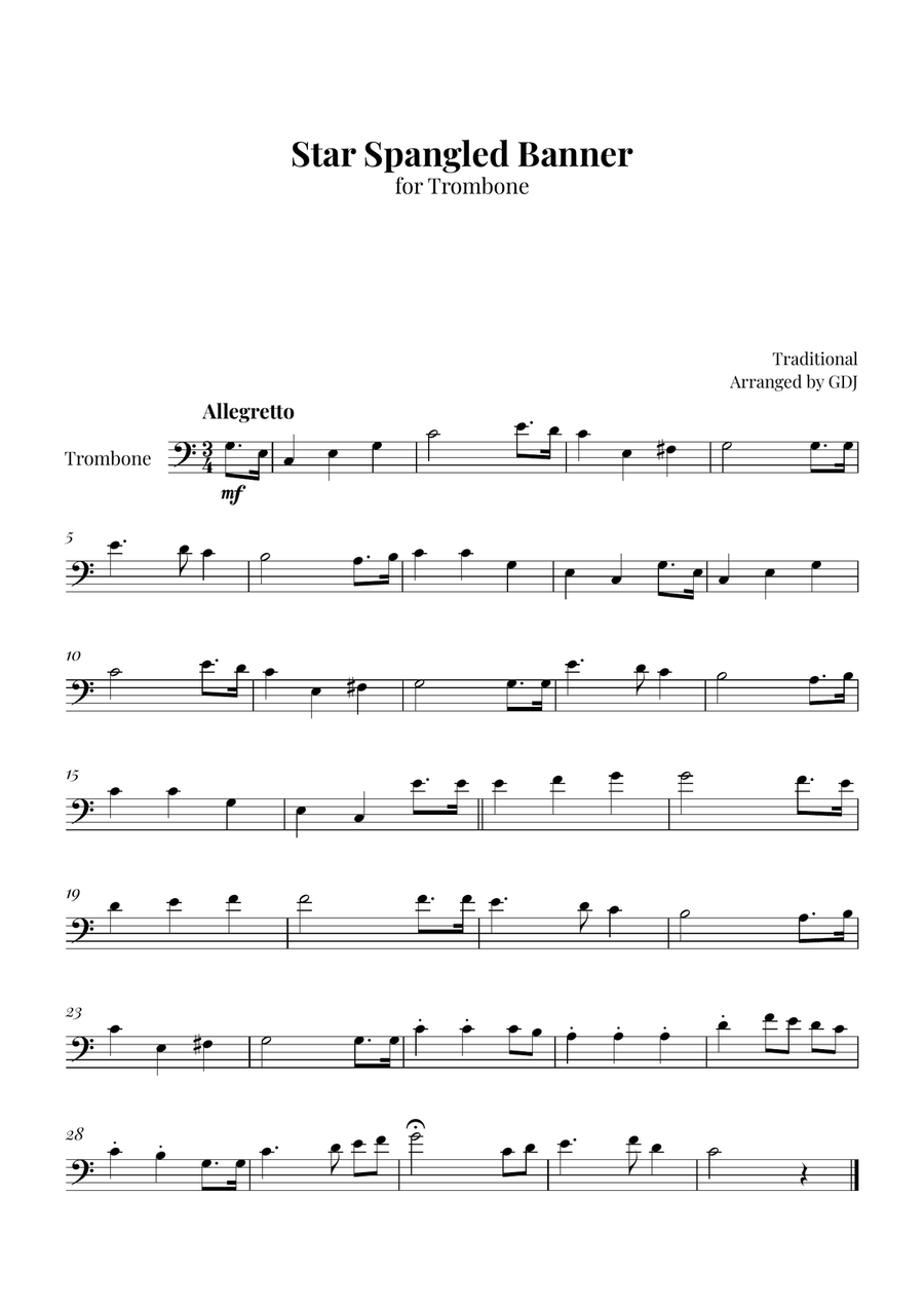 Star Spangled Banner Trombone Solo scores gallery preview page 1