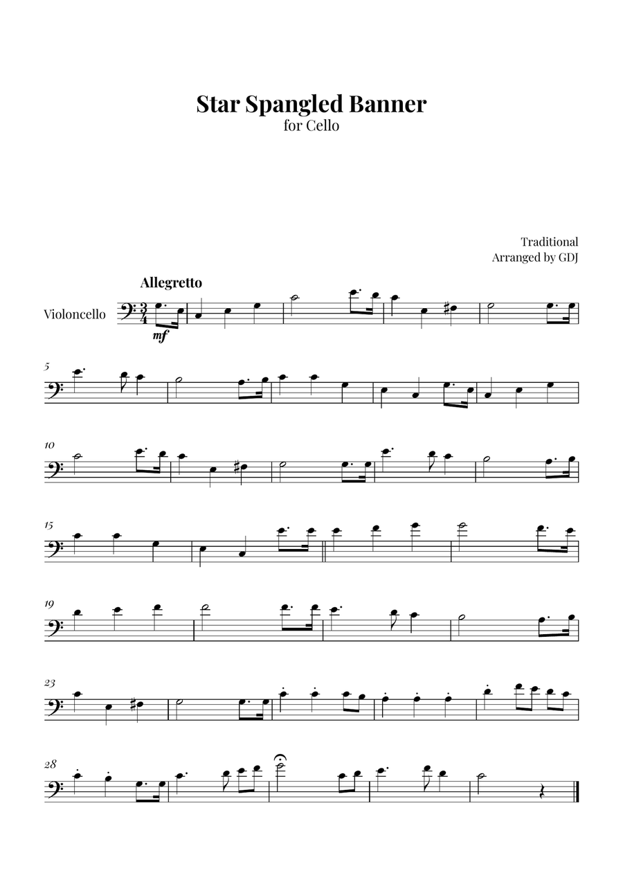 Star Spangled Banner Cello Solo scores gallery preview page 1