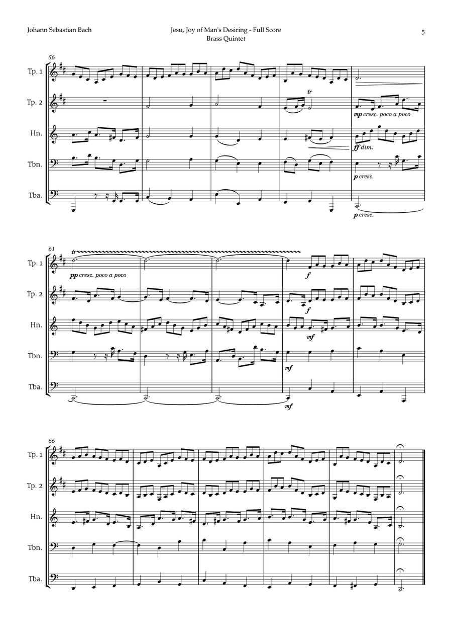 Jesu, Joy of Man's Desiring by Bach for Brass Quintet Brass Quintet scores gallery preview page 5