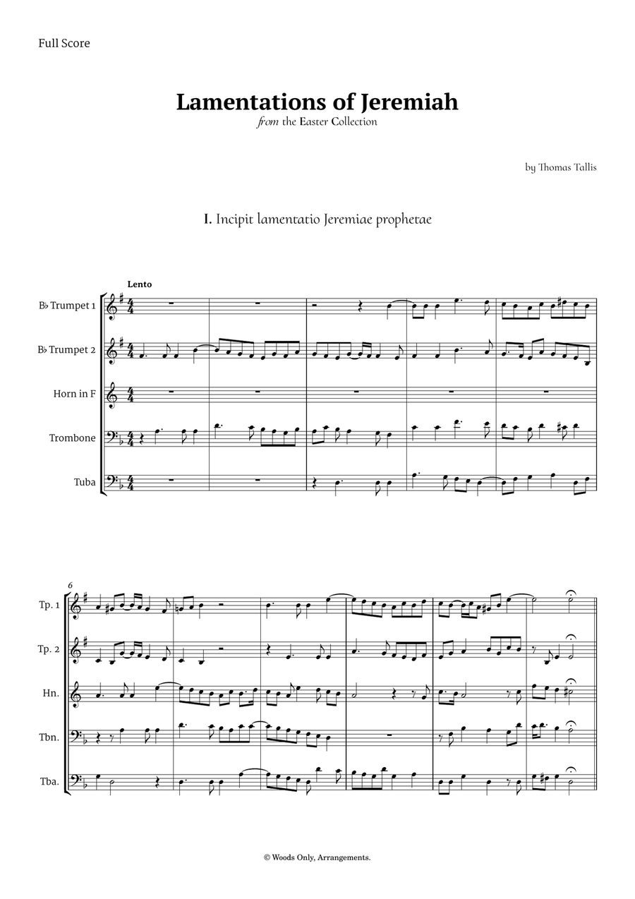 Lamentations of Jeremiah by Thomas Tallis for Brass Quintet Brass Quintet scores gallery preview page 1
