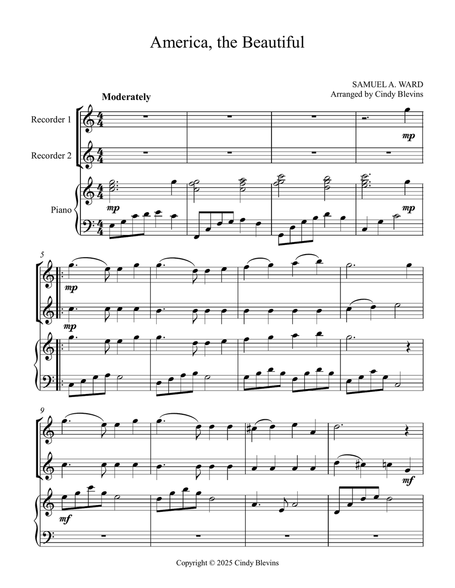 America, the Beautiful, for Two Recorders and Piano Woodwind Duet scores gallery preview page 2