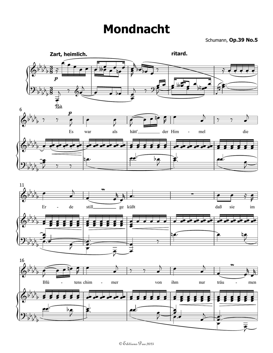 Mondnacht, by Schumann, Op.39 No.5, in D flat Major Piano, Vocal scores gallery preview page 3