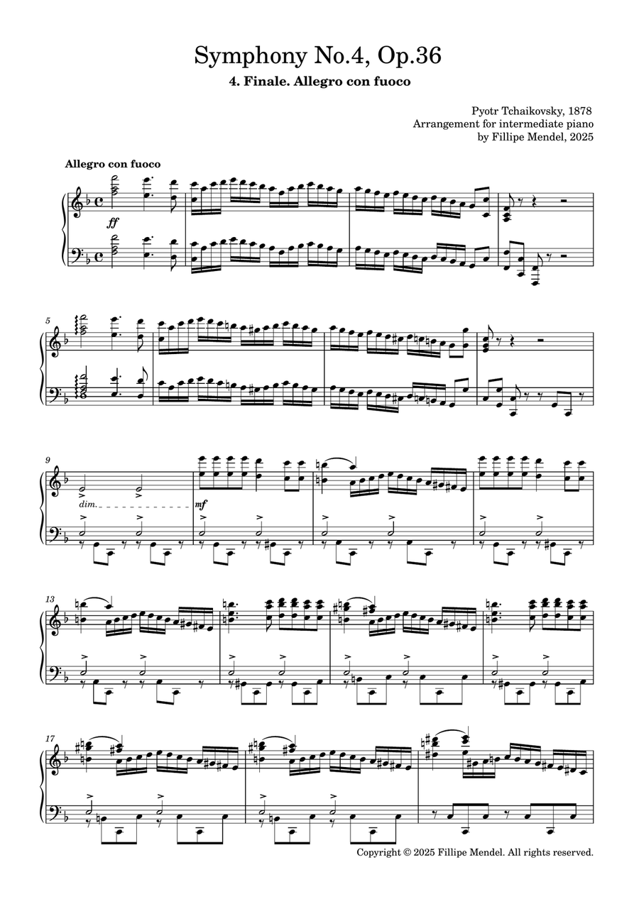 Tchaikovsky‬ - Symphony No. 4, Movement IV, for piano Piano Solo scores gallery preview page 1