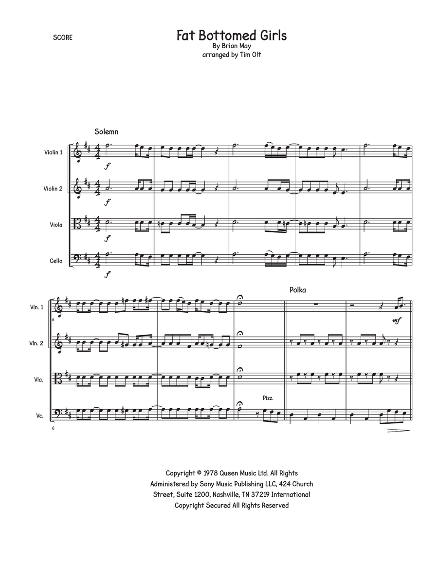 Fat Bottomed Girls Fat Bottomed Girls String Quartet scores gallery preview page 1