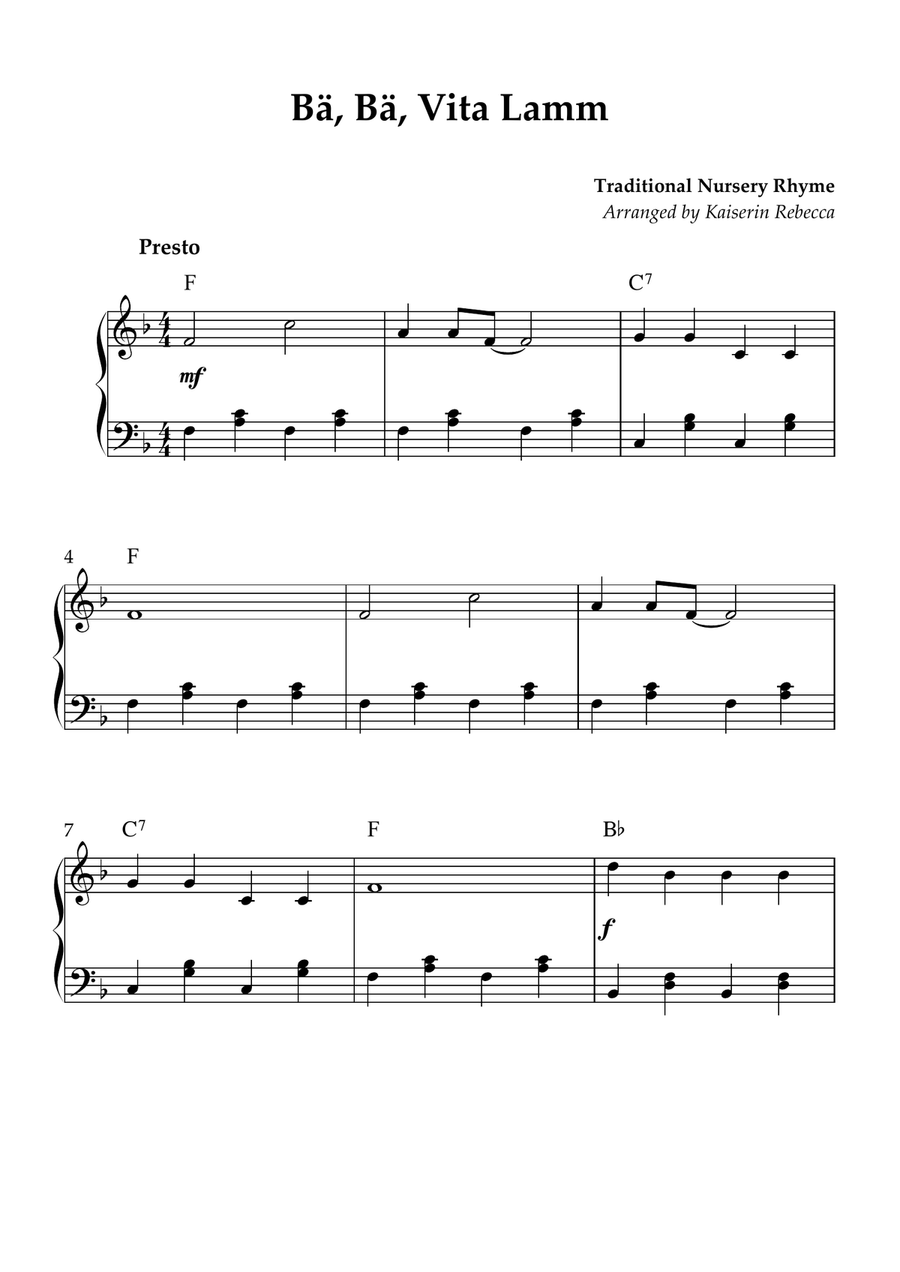 Bä, Bä, Vita Lamm Bä, Bä, Vita Lamm Piano Method scores gallery preview page 1