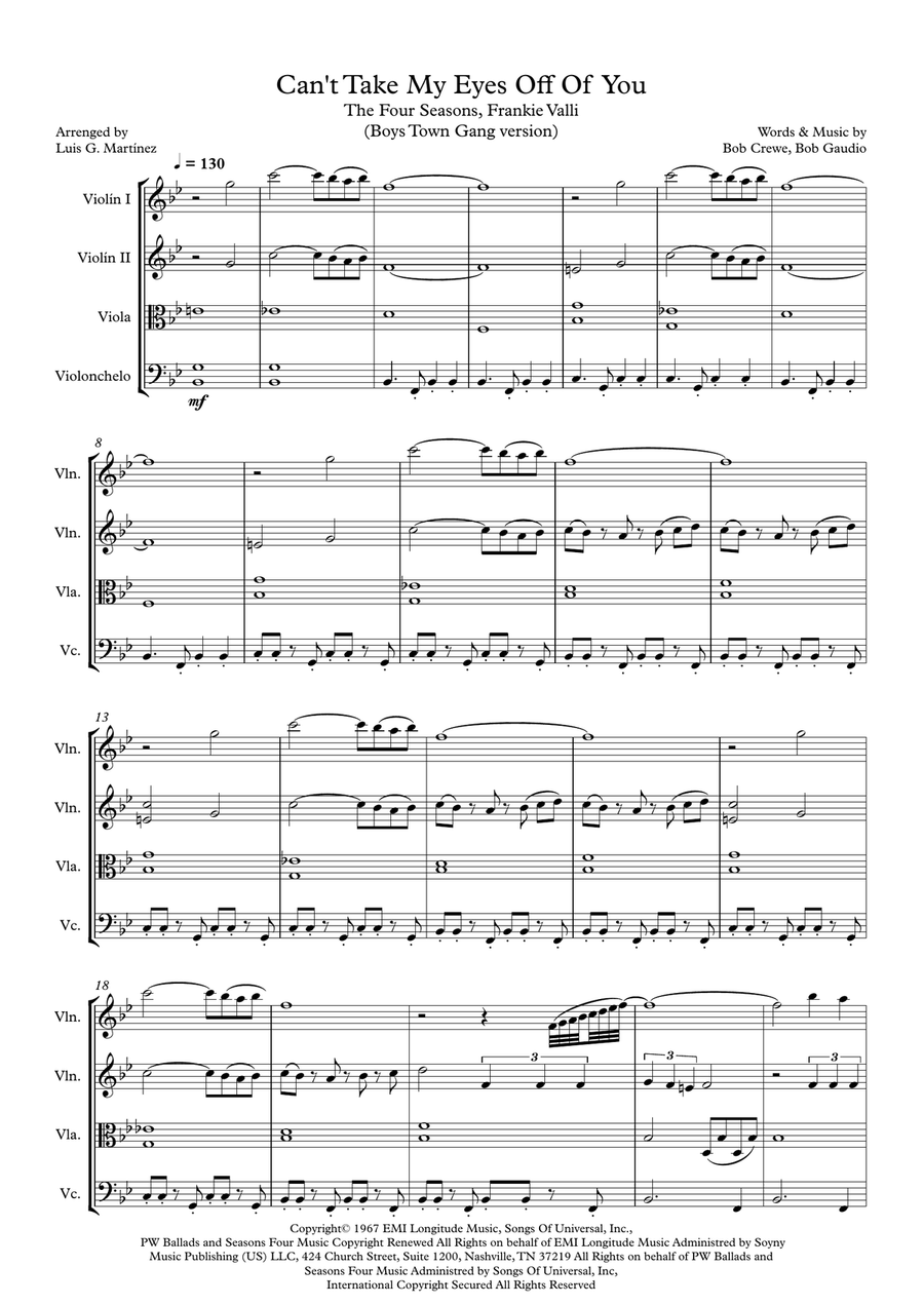 Can't Take My Eyes Off Of You String Quartet scores gallery preview page 1
