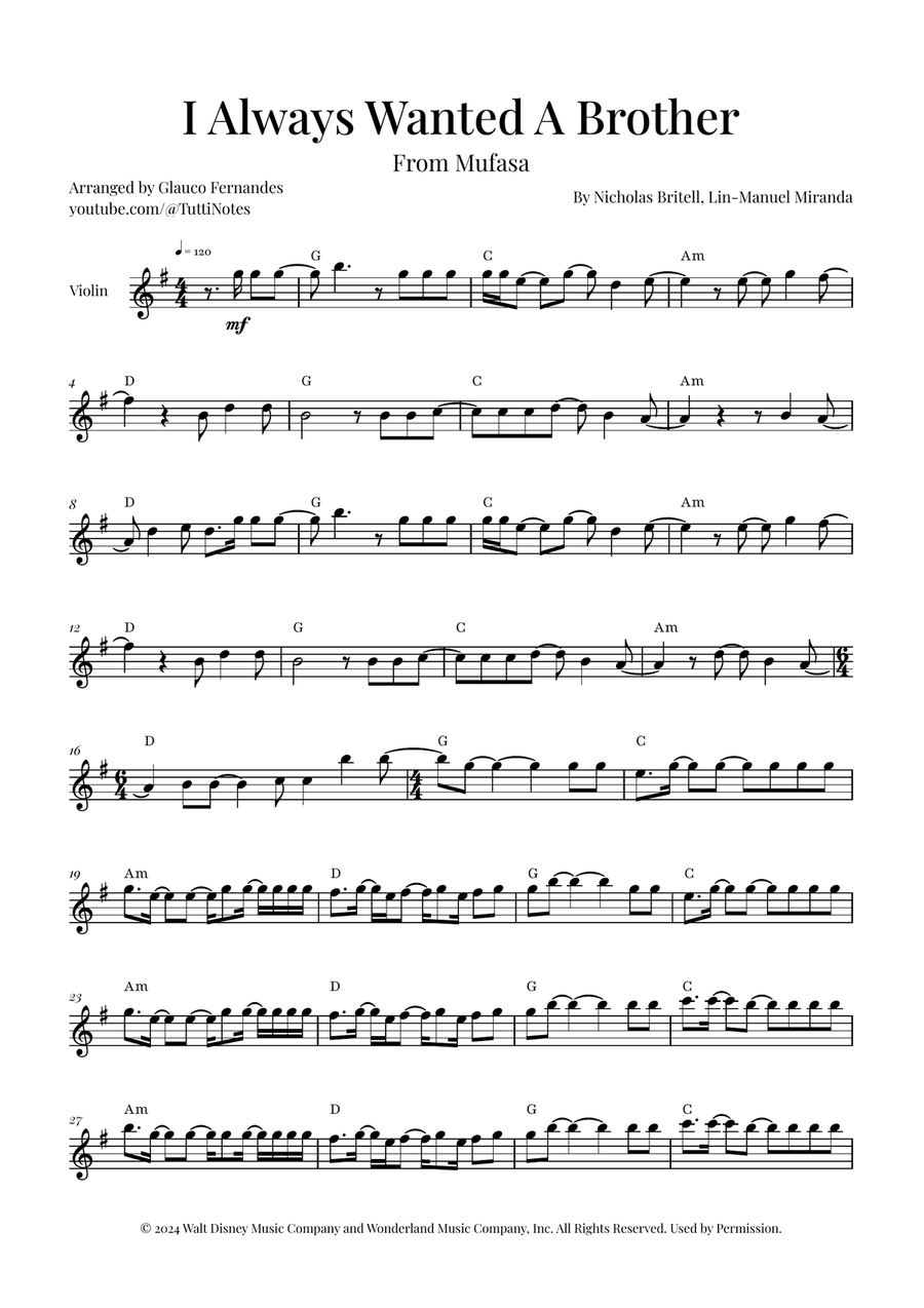 I Always Wanted A Brother Violin Solo scores gallery preview page 1