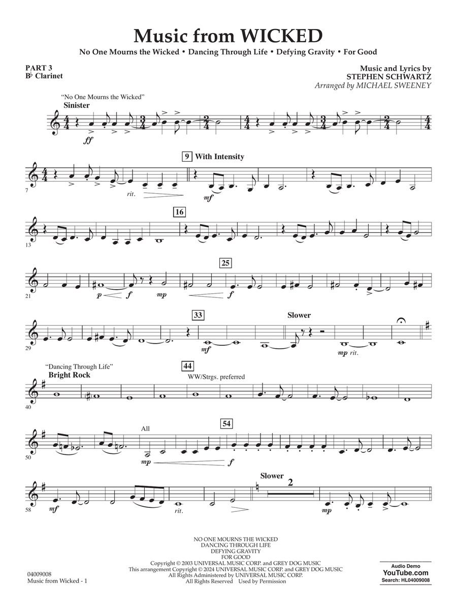 Music from Wicked (arr. Michael Sweeney) - Pt.3 - Bb Clarinet Concert Band scores gallery preview page 1