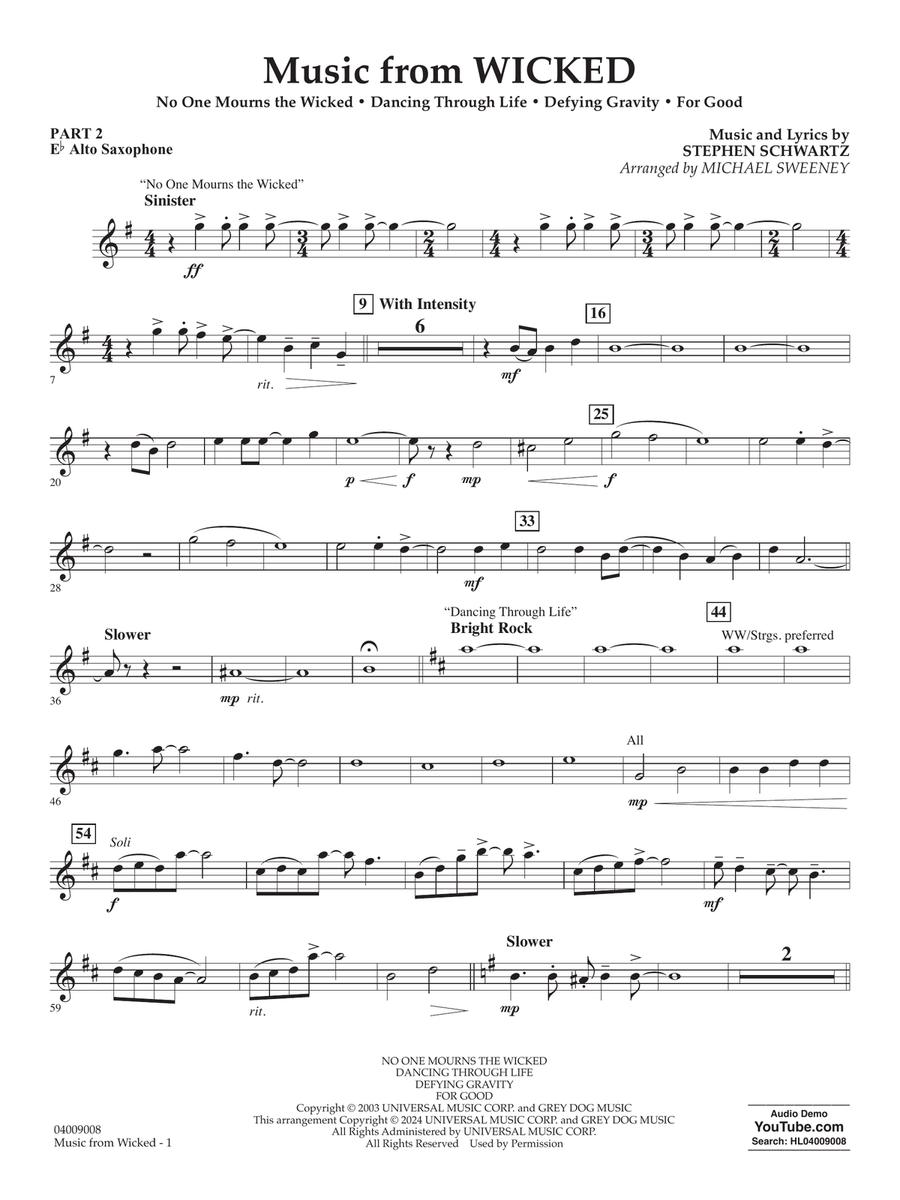 Music from Wicked (arr. Michael Sweeney) - Pt.2 - Eb Alto Saxophone Concert Band scores gallery preview page 1
