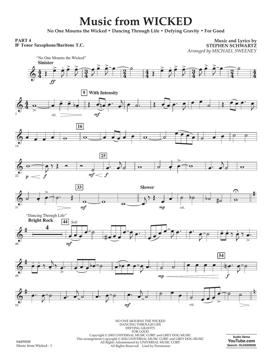Music from Wicked (arr. Michael Sweeney) - Pt.4 - Bb Tenor Sax/Bar. T.C. Concert Band scores gallery preview page 1