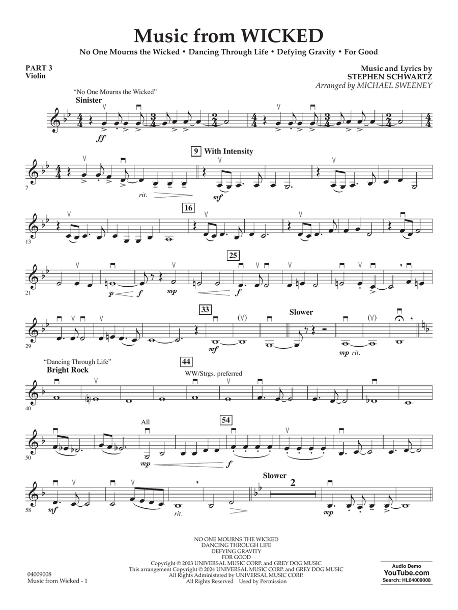 Music from Wicked (arr. Michael Sweeney) - Pt.3 - Violin Concert Band scores gallery preview page 1