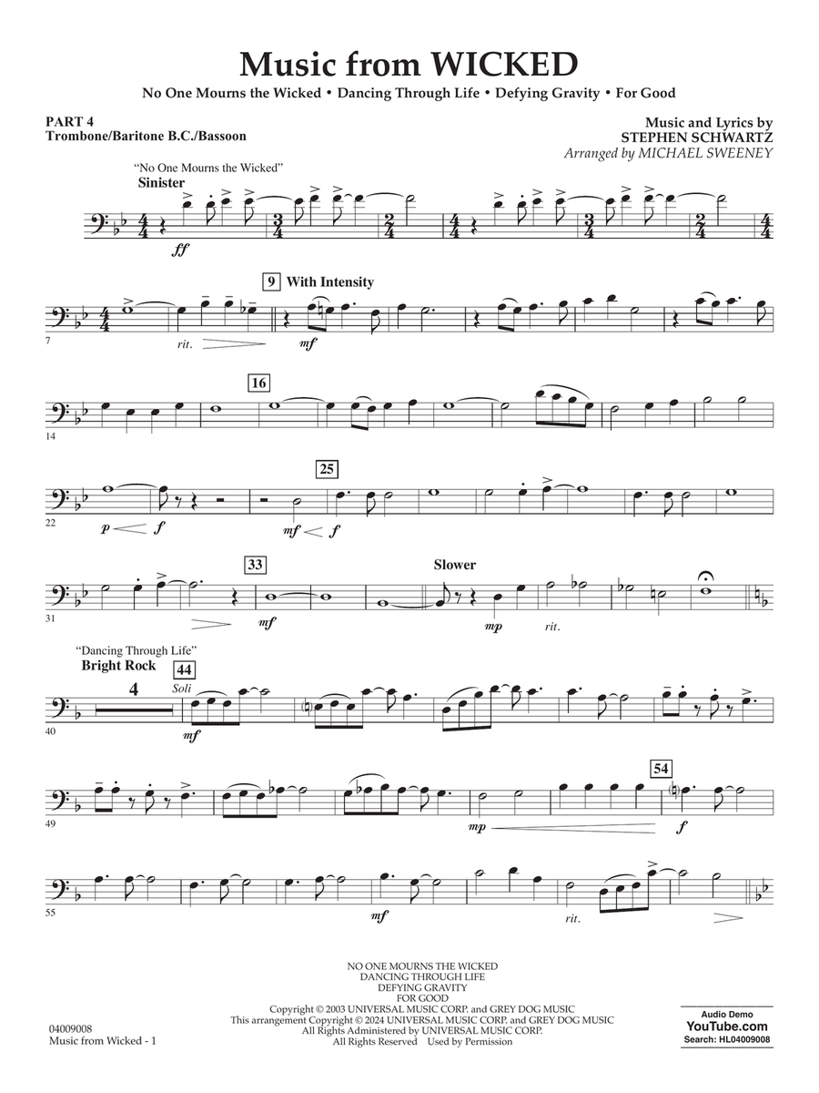 Music from Wicked (arr. Michael Sweeney) - Pt.4 - Trombone/Bar. B.C./Bsn. Concert Band scores gallery preview page 1