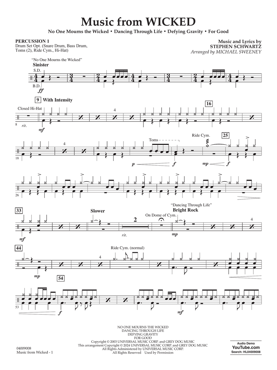 Music from Wicked (arr. Michael Sweeney) - Percussion 1 Concert Band scores gallery preview page 1
