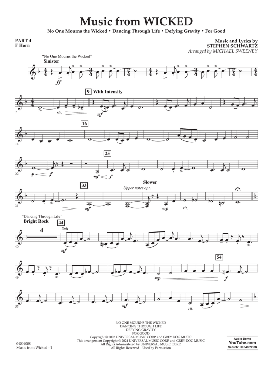 Music from Wicked (arr. Michael Sweeney) - Pt.4 - F Horn Concert Band scores gallery preview page 1