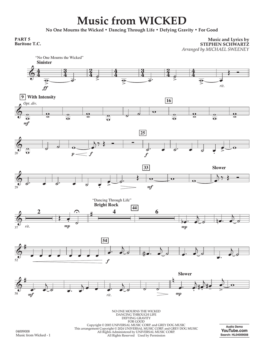 Music from Wicked (arr. Michael Sweeney) - Pt.5 - Baritone T.C. Concert Band scores gallery preview page 1