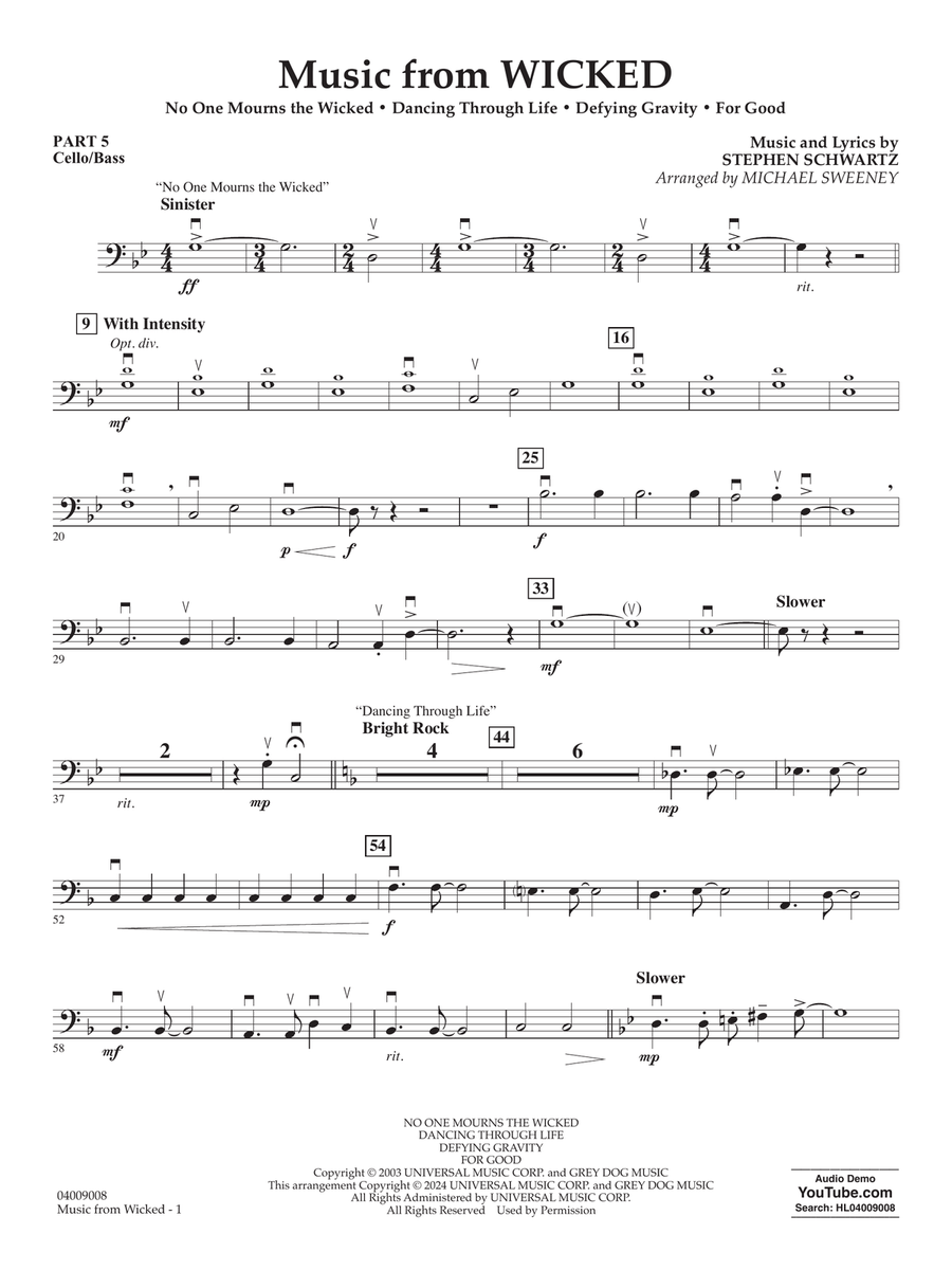 Music from Wicked (arr. Michael Sweeney) - Pt. 5 - Cello/Bass Concert Band scores gallery preview page 1