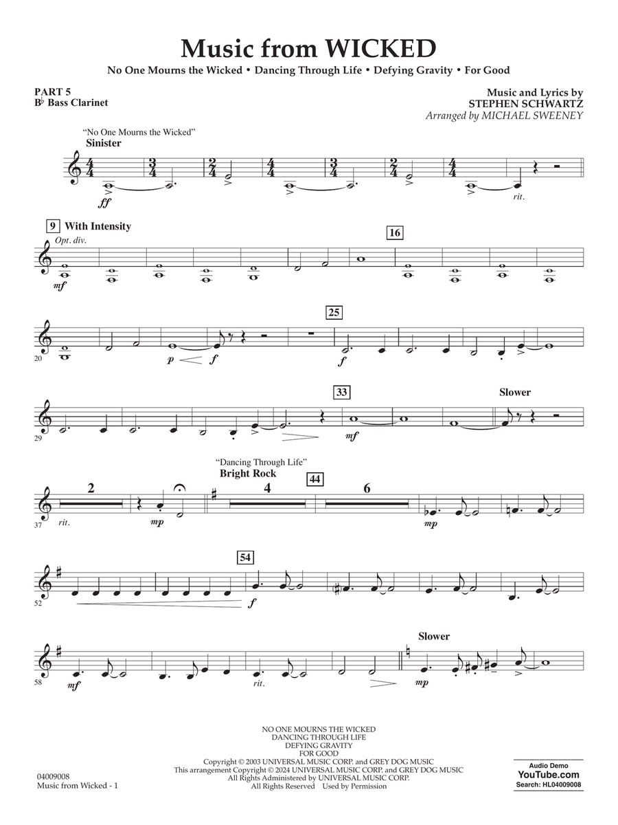Music from Wicked (arr. Michael Sweeney) - Pt.5 - Bb Bass Clarinet Concert Band scores gallery preview page 1