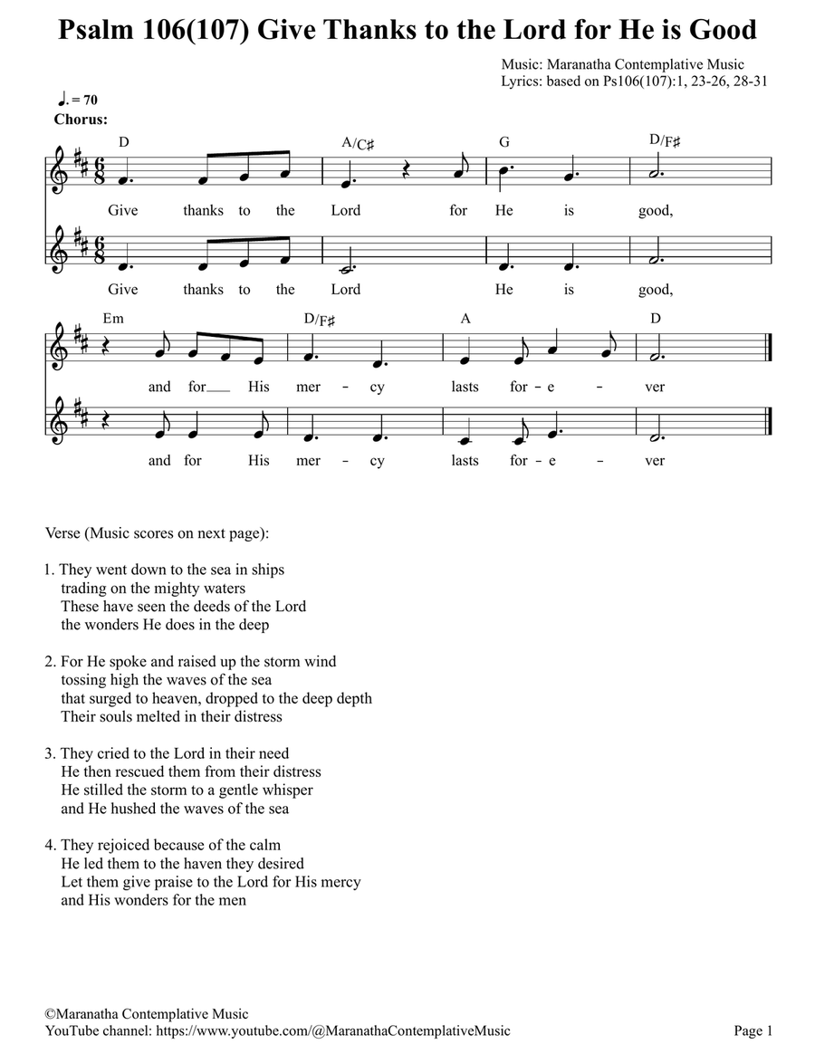 Psalm 107 Give Thanks to the Lord for He is Good Piano scores gallery preview page 1