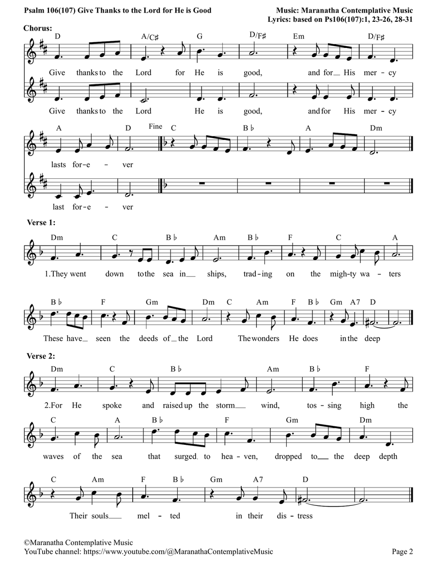Psalm 107 Give Thanks to the Lord for He is Good Piano scores gallery preview page 2
